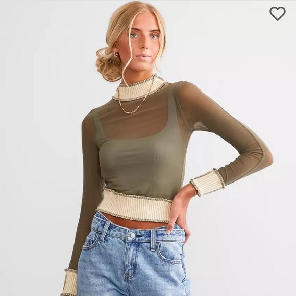 BLUE BLUSH fitted mesh long sleeve mock neck sweater trim top. Size small NWT - Picture 4 of 16